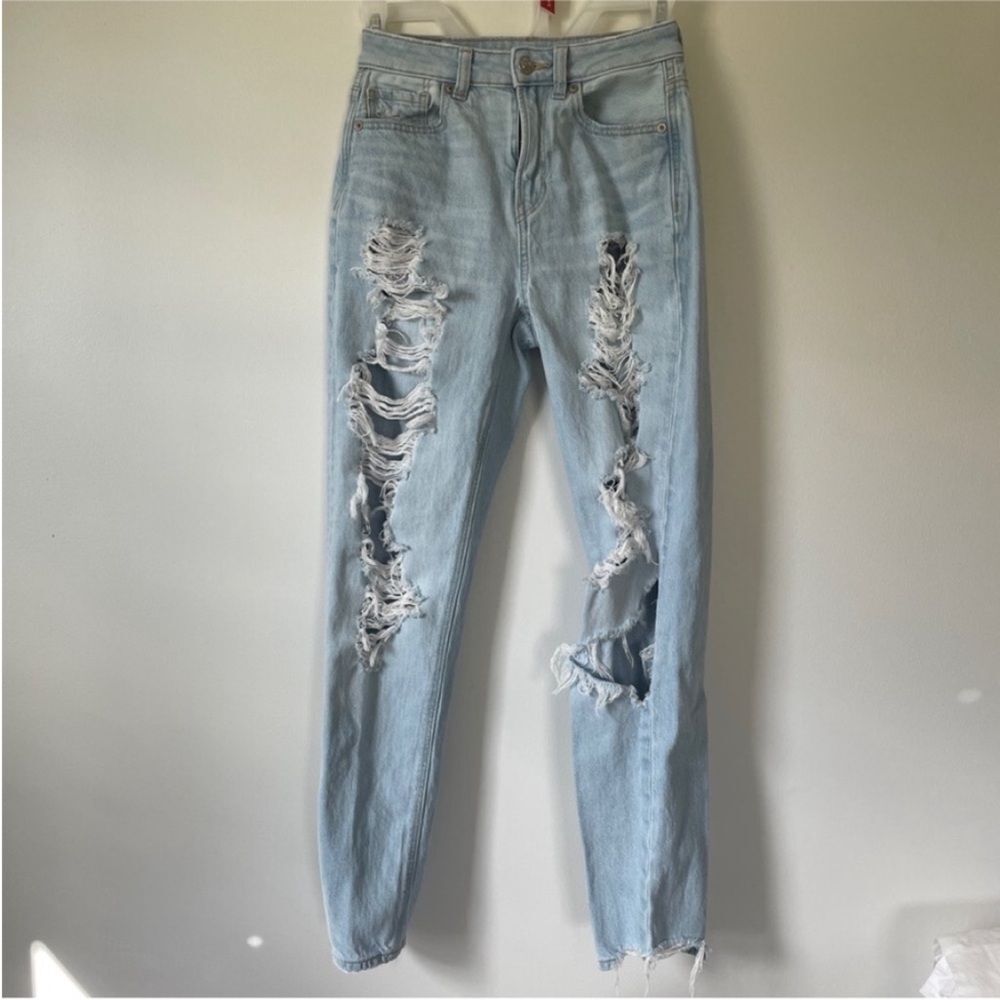 American Eagle Straight Mom Jeans 00 Light Blue High Rise Grunge Emo‎ Y2K Denim - Picture 2 of 12